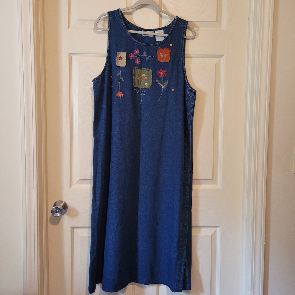 Vingtage Erika&Co Maxi Denim Dress Large Floral Embroidered Patchwork Blue